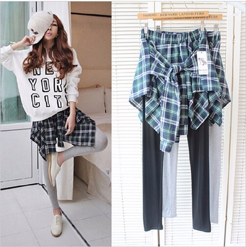 チェック柄シャツ腰巻風フェイクレイヤードストレッチレギンスパンツ♪-1