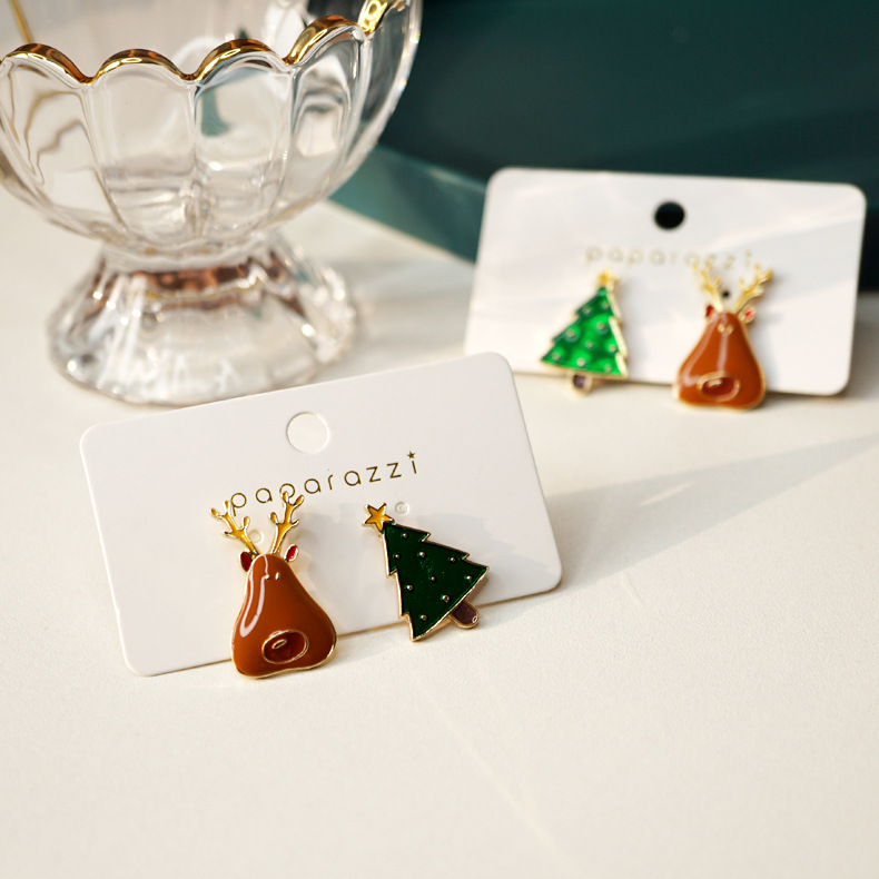 S925银针韩国东大门代购版麋鹿圣诞树可爱圣诞耳钉耳环饰品礼