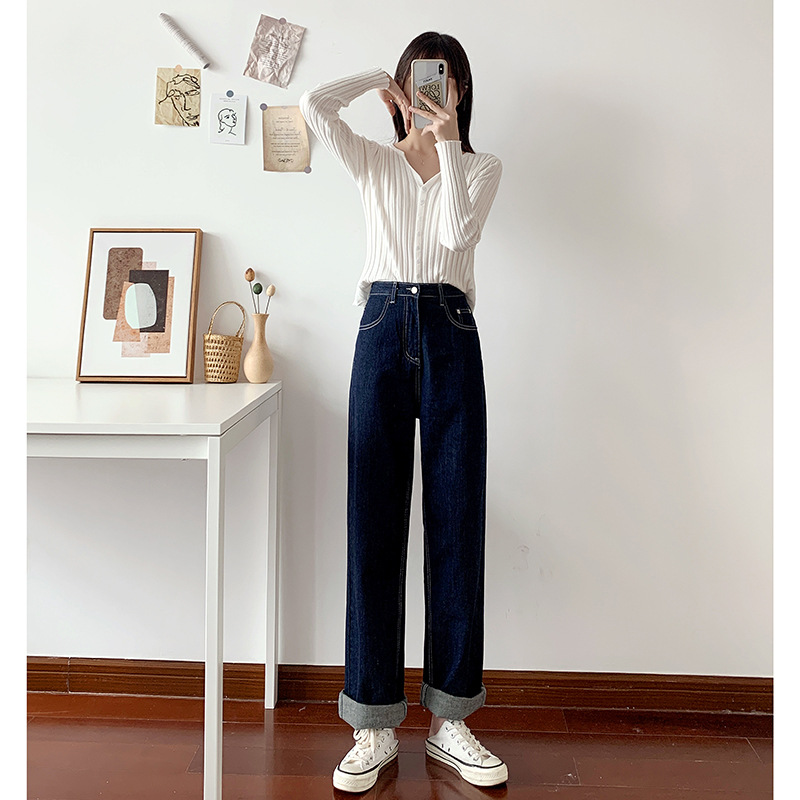 ハイウエストジーンズ女性秋カジュアルストレート デニムズボン｜「Cmall」