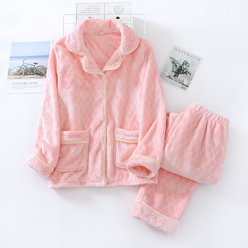 LXL女ピンク-菱格子色織フランネルパジャマカバー
