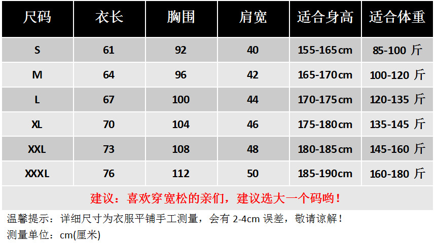 新尺码表（T恤）