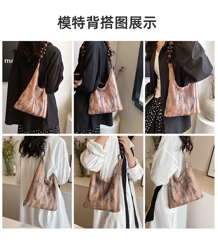 女士国风通勤旗袍包新中式印花禅意感气质手提布袋水纹竹叶单肩包