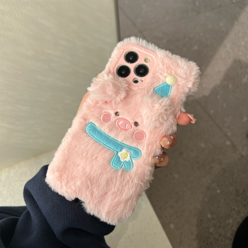 毛織物刺繍シェルブルーハットマフラーピンク豚豚