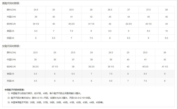 鞋码对照表