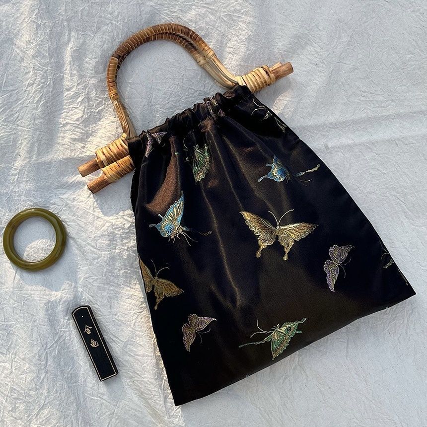 黒金蝶の竹編みハンドバッグ-Lサイズ