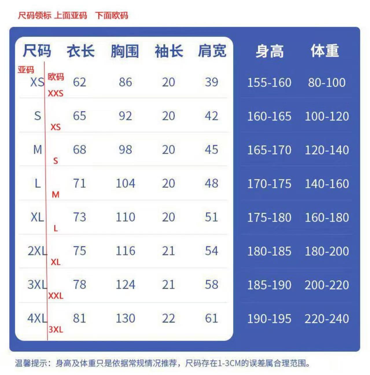 T恤尺码表
