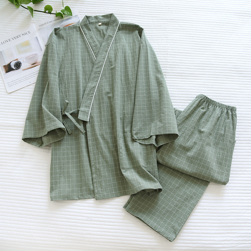 LYZ男緑-単線格水洗綿着物カバー