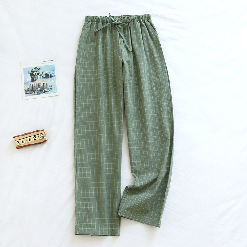 LYZ女緑単線格-水洗綿長ズボン