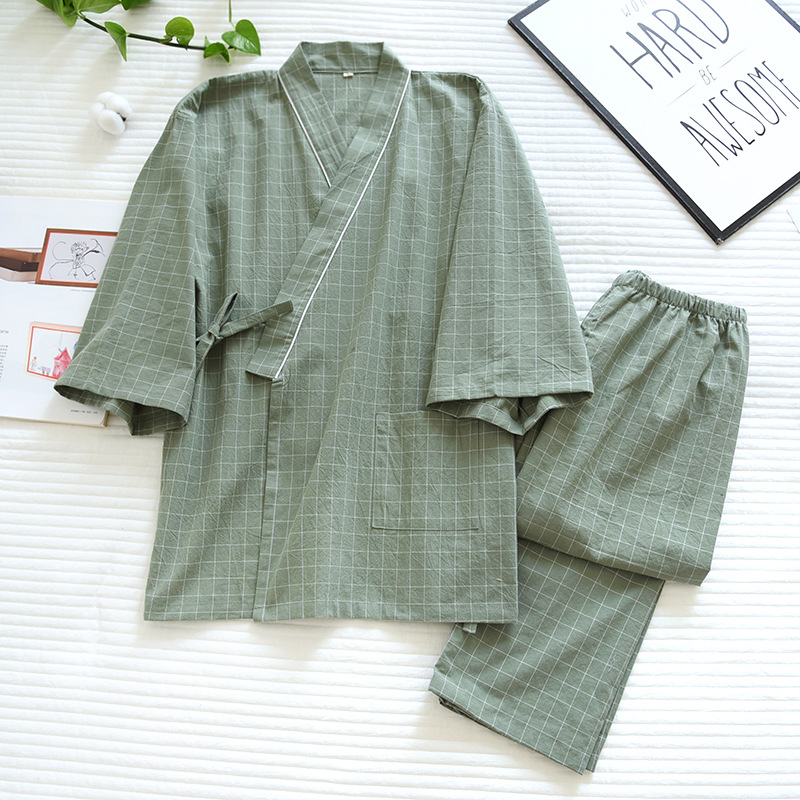 LYZ女緑-単線格水洗綿着物カバー