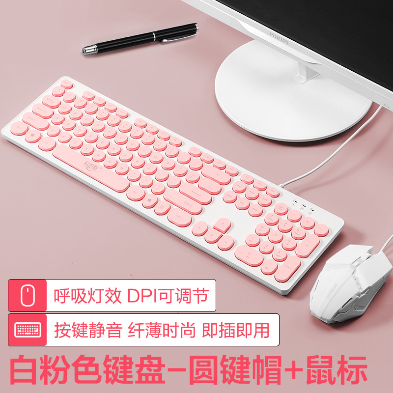 白いピンクの艶消し版-丸いキーキャップ + マウス