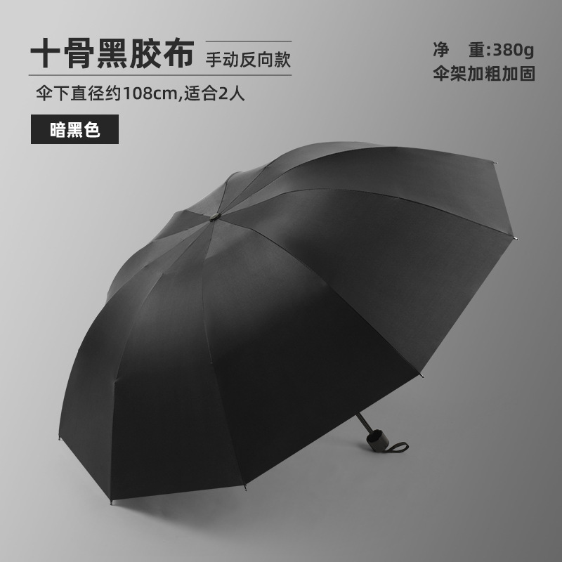 黒-10骨黒ゴム手動晴雨傘