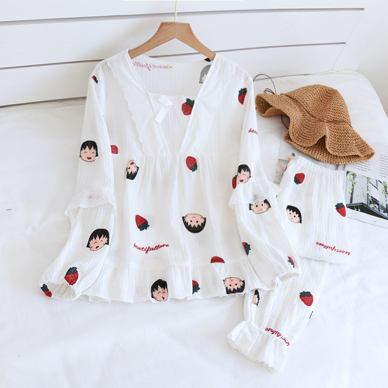 LYZ白い丸子クレープのパジャマ