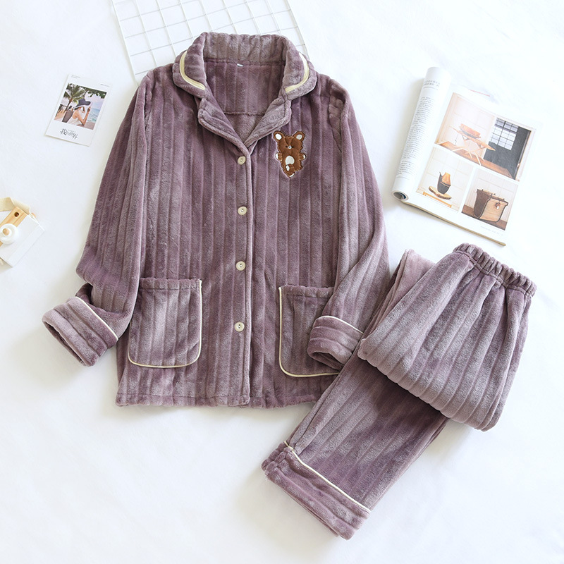 LH女紫-フランネル縦縞刺繍ベアーセット